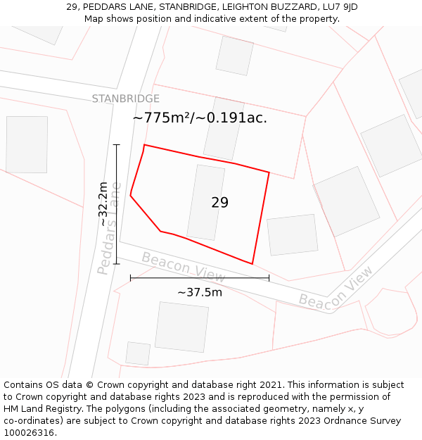 29, PEDDARS LANE, STANBRIDGE, LEIGHTON BUZZARD, LU7 9JD: Plot and title map
