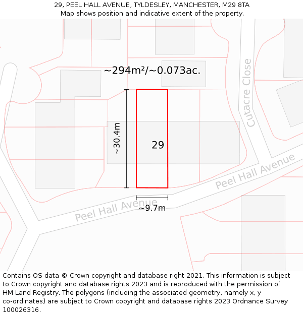 29, PEEL HALL AVENUE, TYLDESLEY, MANCHESTER, M29 8TA: Plot and title map