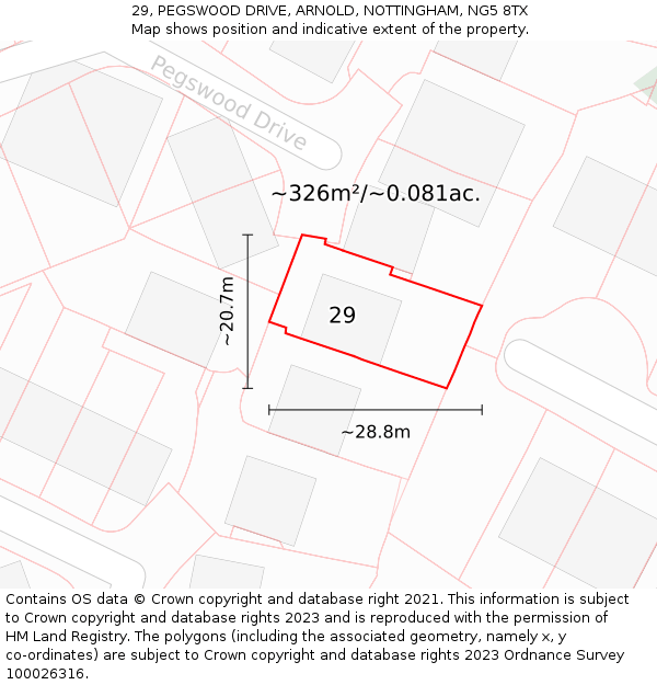 29, PEGSWOOD DRIVE, ARNOLD, NOTTINGHAM, NG5 8TX: Plot and title map