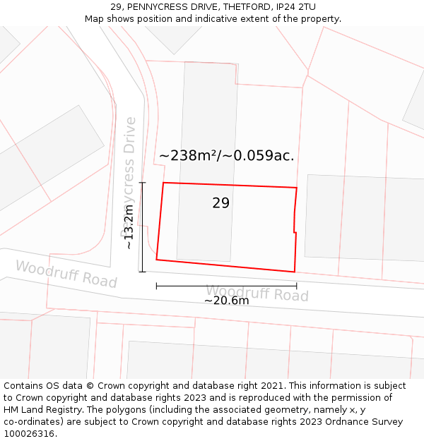 29, PENNYCRESS DRIVE, THETFORD, IP24 2TU: Plot and title map