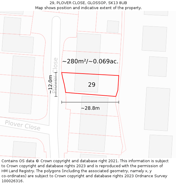 29, PLOVER CLOSE, GLOSSOP, SK13 8UB: Plot and title map