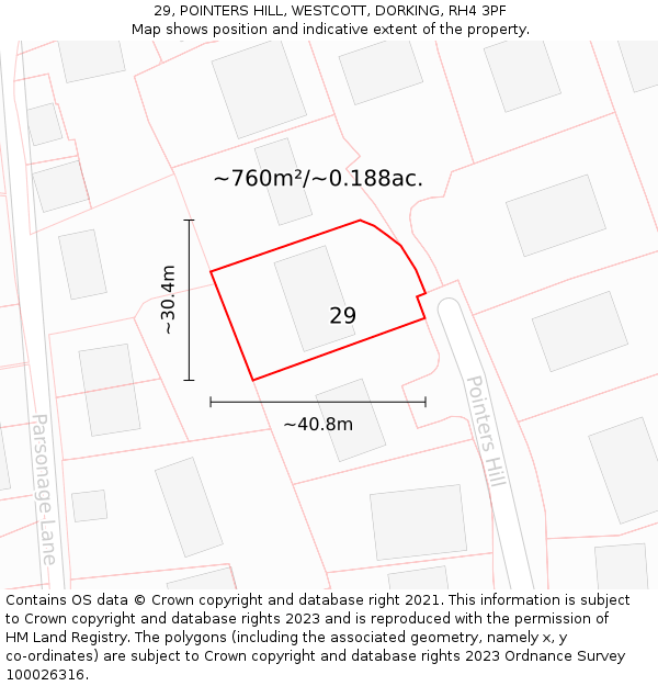 29, POINTERS HILL, WESTCOTT, DORKING, RH4 3PF: Plot and title map