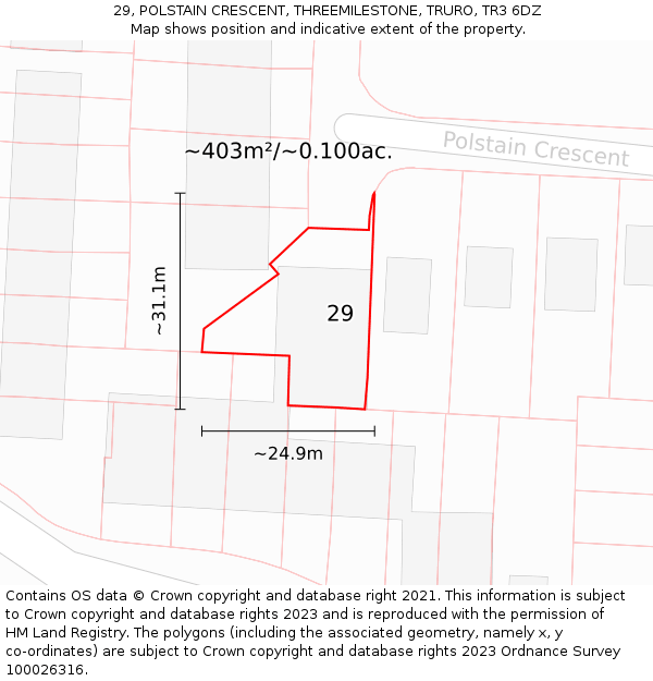 29, POLSTAIN CRESCENT, THREEMILESTONE, TRURO, TR3 6DZ: Plot and title map