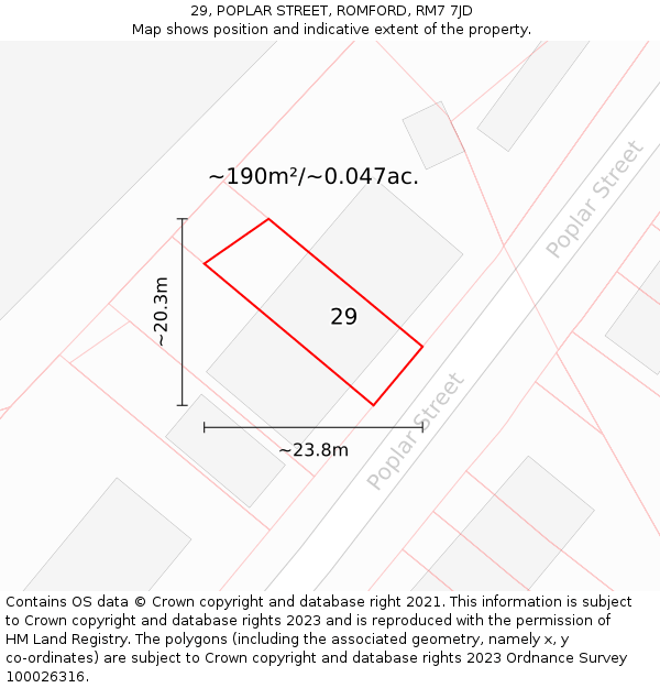 29, POPLAR STREET, ROMFORD, RM7 7JD: Plot and title map
