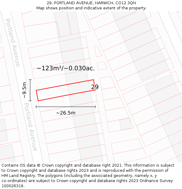 29, PORTLAND AVENUE, HARWICH, CO12 3QN: Plot and title map