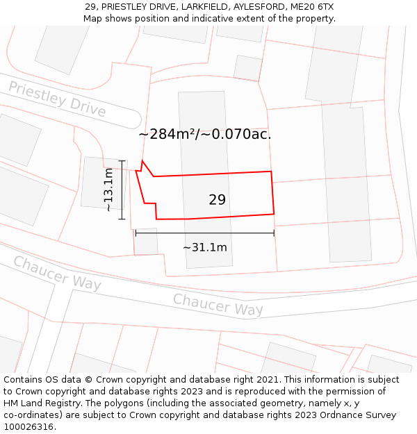 29, PRIESTLEY DRIVE, LARKFIELD, AYLESFORD, ME20 6TX: Plot and title map