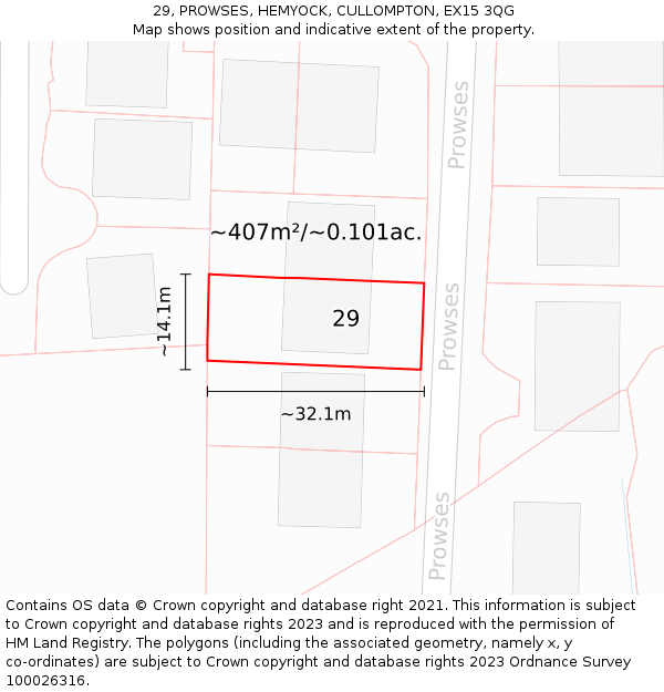 29, PROWSES, HEMYOCK, CULLOMPTON, EX15 3QG: Plot and title map