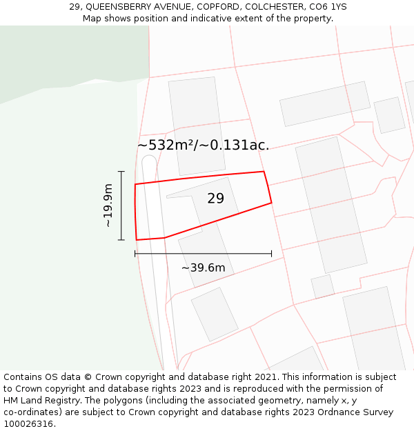 29, QUEENSBERRY AVENUE, COPFORD, COLCHESTER, CO6 1YS: Plot and title map