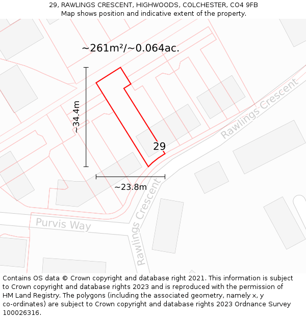 29, RAWLINGS CRESCENT, HIGHWOODS, COLCHESTER, CO4 9FB: Plot and title map