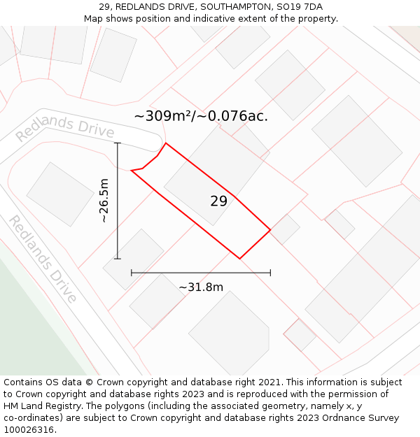 29, REDLANDS DRIVE, SOUTHAMPTON, SO19 7DA: Plot and title map