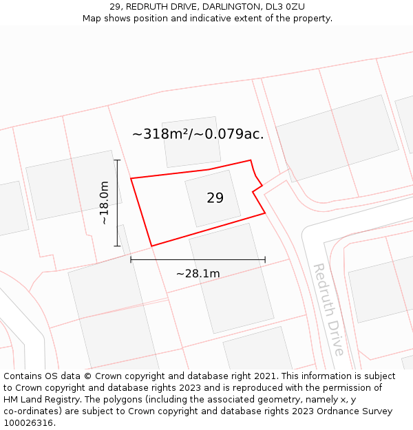 29, REDRUTH DRIVE, DARLINGTON, DL3 0ZU: Plot and title map