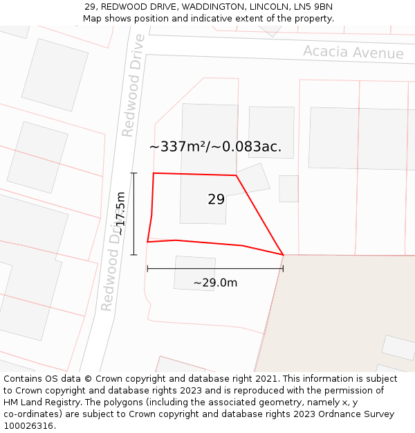 29, REDWOOD DRIVE, WADDINGTON, LINCOLN, LN5 9BN: Plot and title map