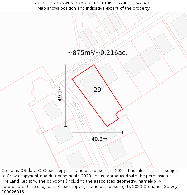 29, RHOSYBONWEN ROAD, CEFNEITHIN, LLANELLI, SA14 7DJ: Plot and title map