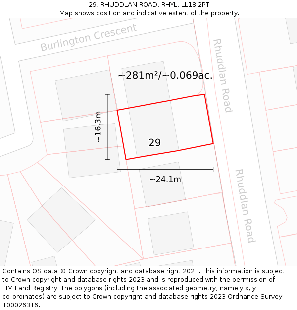 29, RHUDDLAN ROAD, RHYL, LL18 2PT: Plot and title map