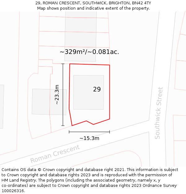 29, ROMAN CRESCENT, SOUTHWICK, BRIGHTON, BN42 4TY: Plot and title map