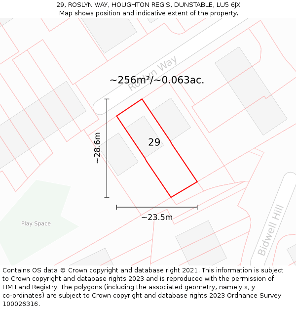 29, ROSLYN WAY, HOUGHTON REGIS, DUNSTABLE, LU5 6JX: Plot and title map