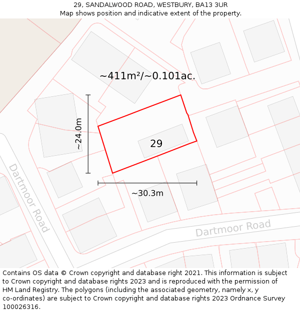 29, SANDALWOOD ROAD, WESTBURY, BA13 3UR: Plot and title map