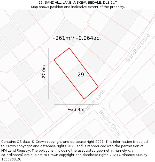 29, SANDHILL LANE, AISKEW, BEDALE, DL8 1UT: Plot and title map