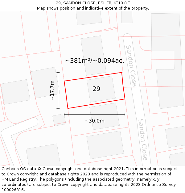 29, SANDON CLOSE, ESHER, KT10 8JE: Plot and title map