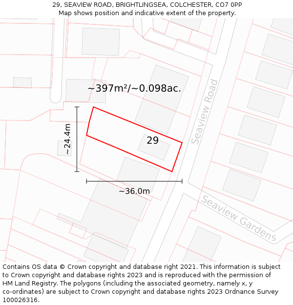 29, SEAVIEW ROAD, BRIGHTLINGSEA, COLCHESTER, CO7 0PP: Plot and title map