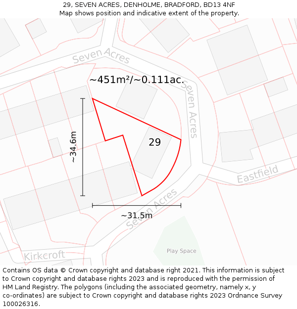 29, SEVEN ACRES, DENHOLME, BRADFORD, BD13 4NF: Plot and title map