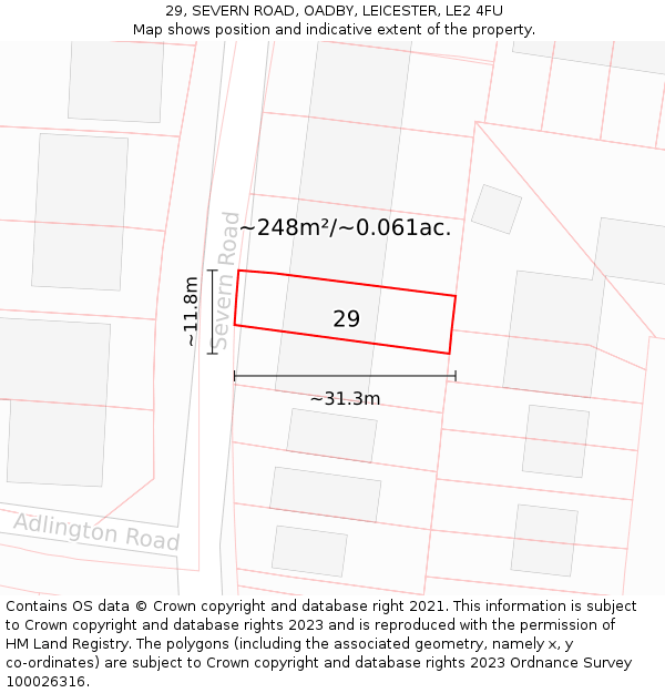 29, SEVERN ROAD, OADBY, LEICESTER, LE2 4FU: Plot and title map