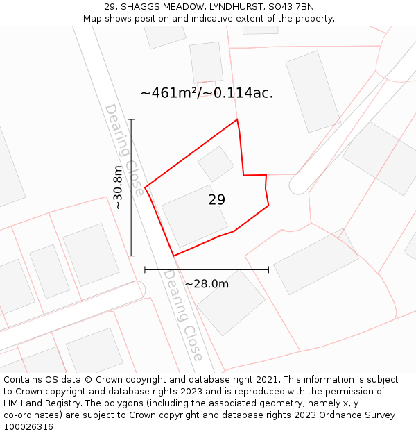 29, SHAGGS MEADOW, LYNDHURST, SO43 7BN: Plot and title map