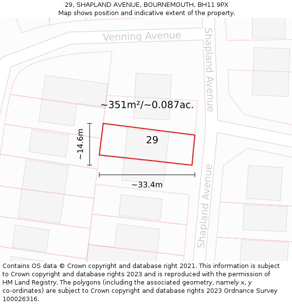 29, SHAPLAND AVENUE, BOURNEMOUTH, BH11 9PX: Plot and title map