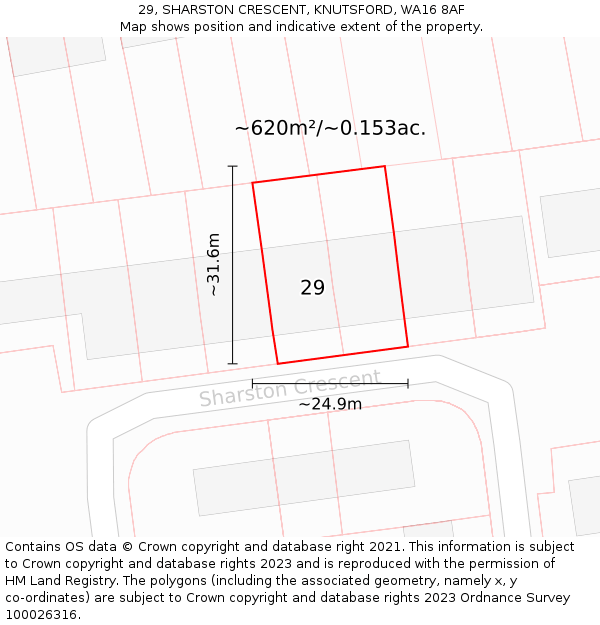29, SHARSTON CRESCENT, KNUTSFORD, WA16 8AF: Plot and title map