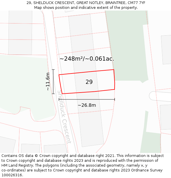 29, SHELDUCK CRESCENT, GREAT NOTLEY, BRAINTREE, CM77 7YF: Plot and title map