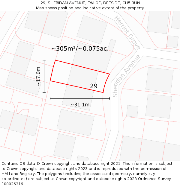 29, SHERIDAN AVENUE, EWLOE, DEESIDE, CH5 3UN: Plot and title map