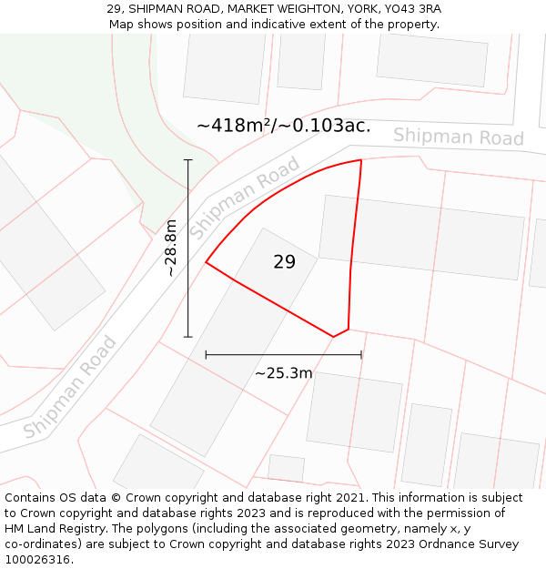 29, SHIPMAN ROAD, MARKET WEIGHTON, YORK, YO43 3RA: Plot and title map