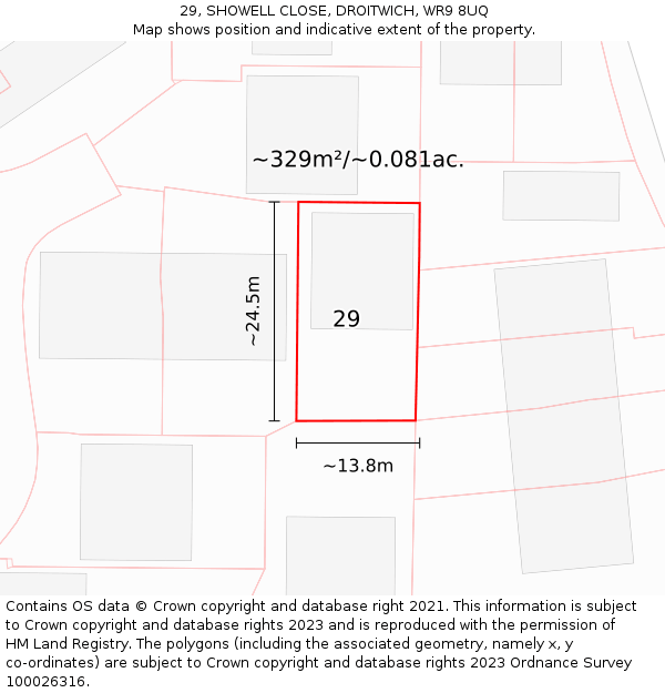29, SHOWELL CLOSE, DROITWICH, WR9 8UQ: Plot and title map