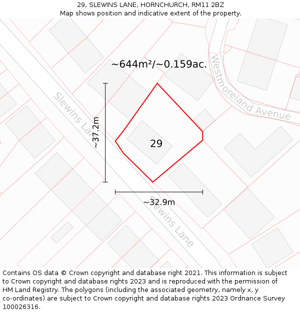 29, SLEWINS LANE, HORNCHURCH, RM11 2BZ: Plot and title map