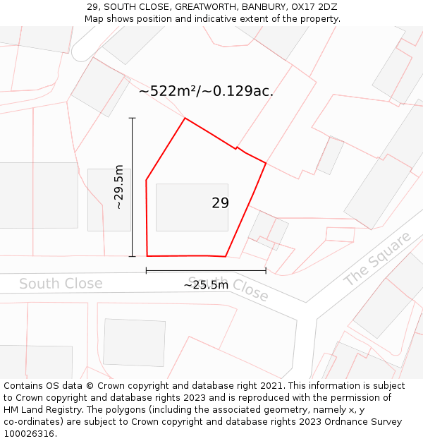 29, SOUTH CLOSE, GREATWORTH, BANBURY, OX17 2DZ: Plot and title map