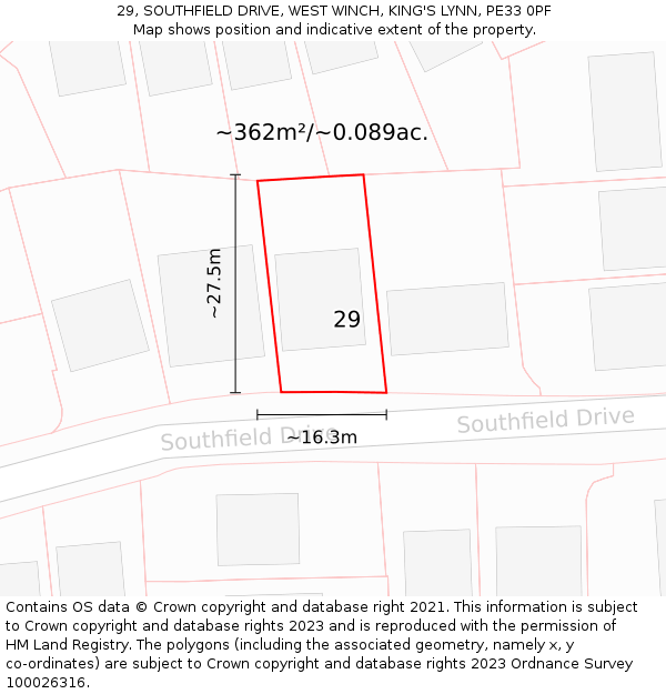 29, SOUTHFIELD DRIVE, WEST WINCH, KING'S LYNN, PE33 0PF: Plot and title map