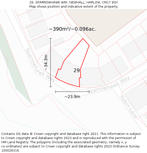 29, SPARROWHAWK WAY, NEWHALL, HARLOW, CM17 9GY: Plot and title map