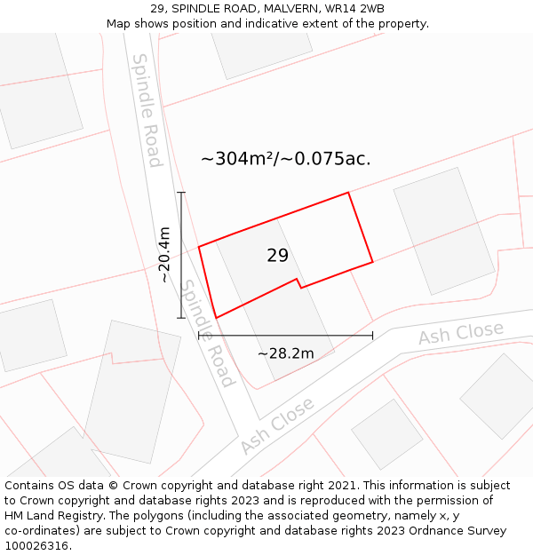 29, SPINDLE ROAD, MALVERN, WR14 2WB: Plot and title map