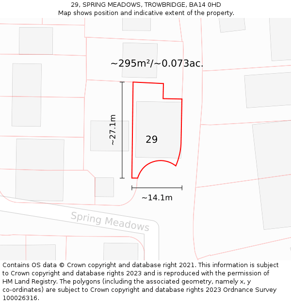 29, SPRING MEADOWS, TROWBRIDGE, BA14 0HD: Plot and title map