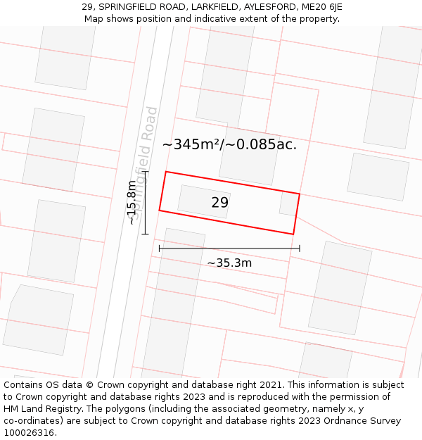 29, SPRINGFIELD ROAD, LARKFIELD, AYLESFORD, ME20 6JE: Plot and title map