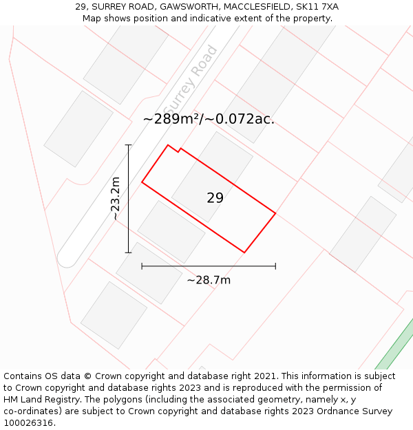 29, SURREY ROAD, GAWSWORTH, MACCLESFIELD, SK11 7XA: Plot and title map