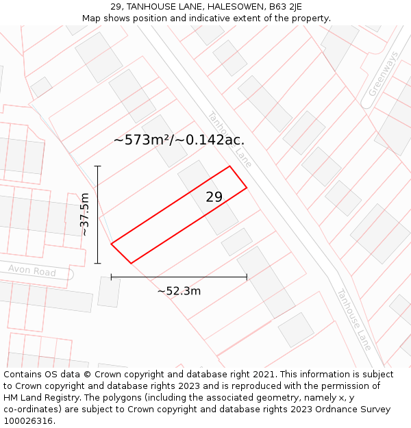 29, TANHOUSE LANE, HALESOWEN, B63 2JE: Plot and title map