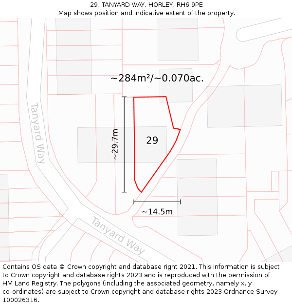 29, TANYARD WAY, HORLEY, RH6 9PE: Plot and title map