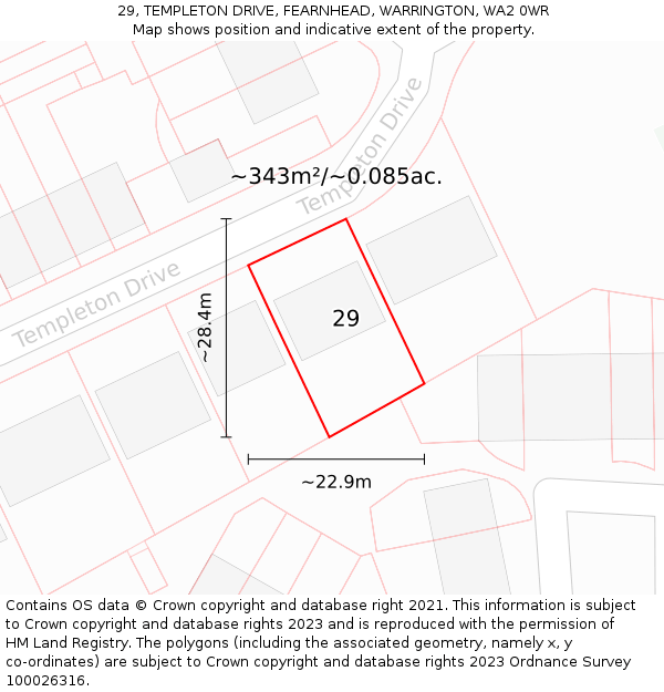 29, TEMPLETON DRIVE, FEARNHEAD, WARRINGTON, WA2 0WR: Plot and title map