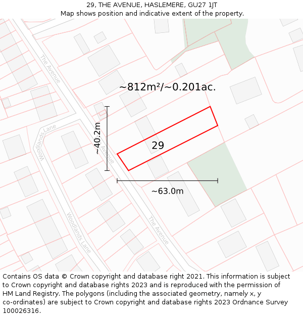 29, THE AVENUE, HASLEMERE, GU27 1JT: Plot and title map