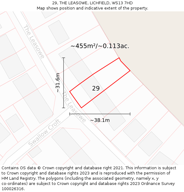 29, THE LEASOWE, LICHFIELD, WS13 7HD: Plot and title map
