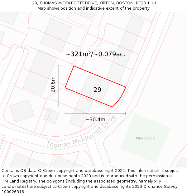 29, THOMAS MIDDLECOTT DRIVE, KIRTON, BOSTON, PE20 1HU: Plot and title map