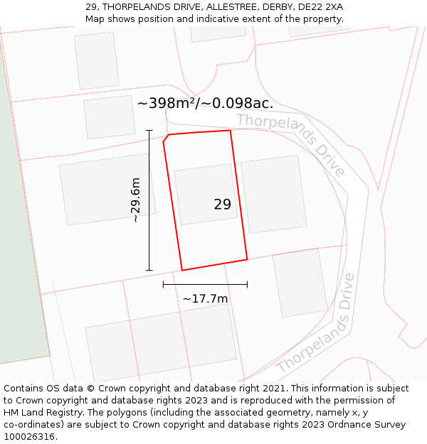 29, THORPELANDS DRIVE, ALLESTREE, DERBY, DE22 2XA: Plot and title map