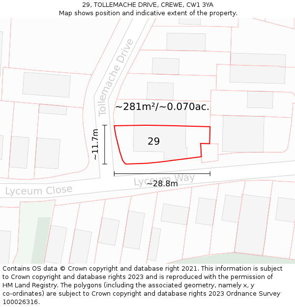 29, TOLLEMACHE DRIVE, CREWE, CW1 3YA: Plot and title map