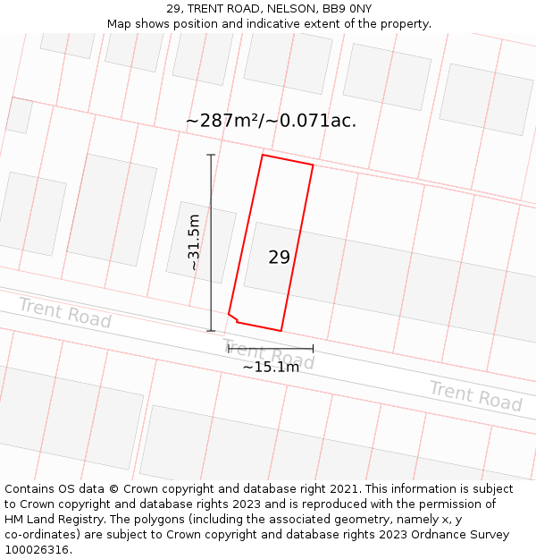 29, TRENT ROAD, NELSON, BB9 0NY: Plot and title map